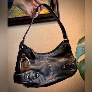 Vintage Black Leather Brass Hardware Shoulder Bag Faux Chaps